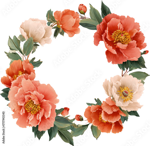 Fototapeta Naklejka Na Ścianę i Meble -  Floral Wreath Frame with Peonies, Leaves, Buds: Elegant Invitation Template.