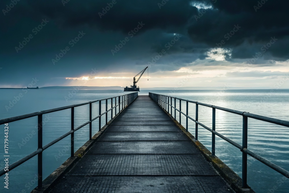 Obraz premium Wooden pier extends into the ocean under a dramatic stormy sky