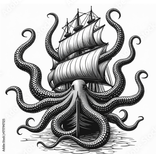 Kraken and Ship: An artistic illustration, this image presents a monochrome view of a kraken battling a ship, a nautical fantasy themed piece. 