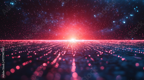 A captivating digital landscape showcasing vibrant particles and cosmic elements converging towards a radiant center.