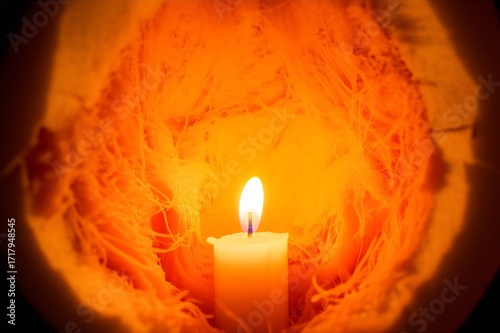Close-up view inside a carved jack-o-lantern, revealing the rough texture of pumpkin walls, dangling strings of pulp, and the flickering flame of a candle.