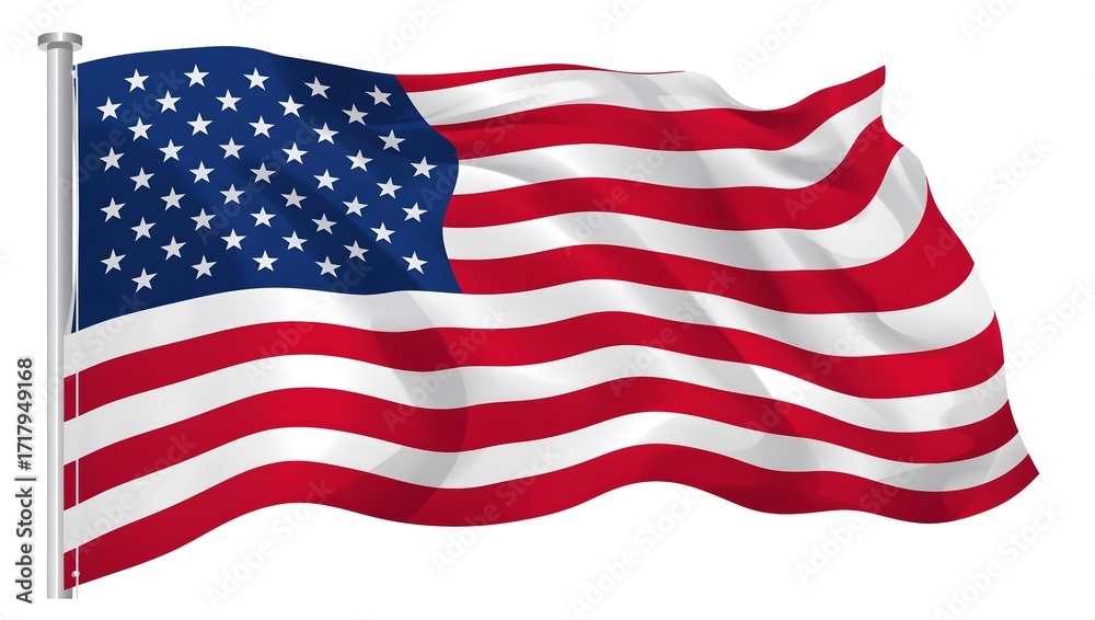 Fototapeta premium American Flag Waving in Wind on White Background for Patriotic or National Celebration
