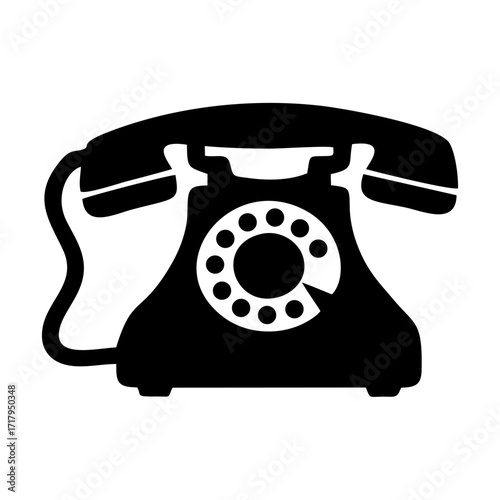 A black silhouette icon of a classic vintage rotary dial telephone on a white background.