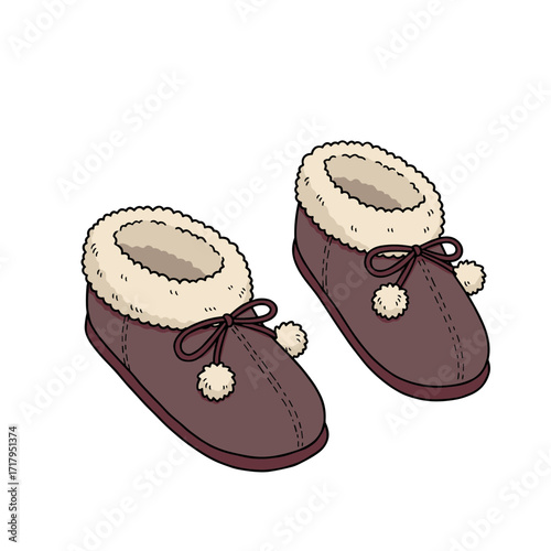Cozy winter slippers with fur lining and pom-poms on transparent background