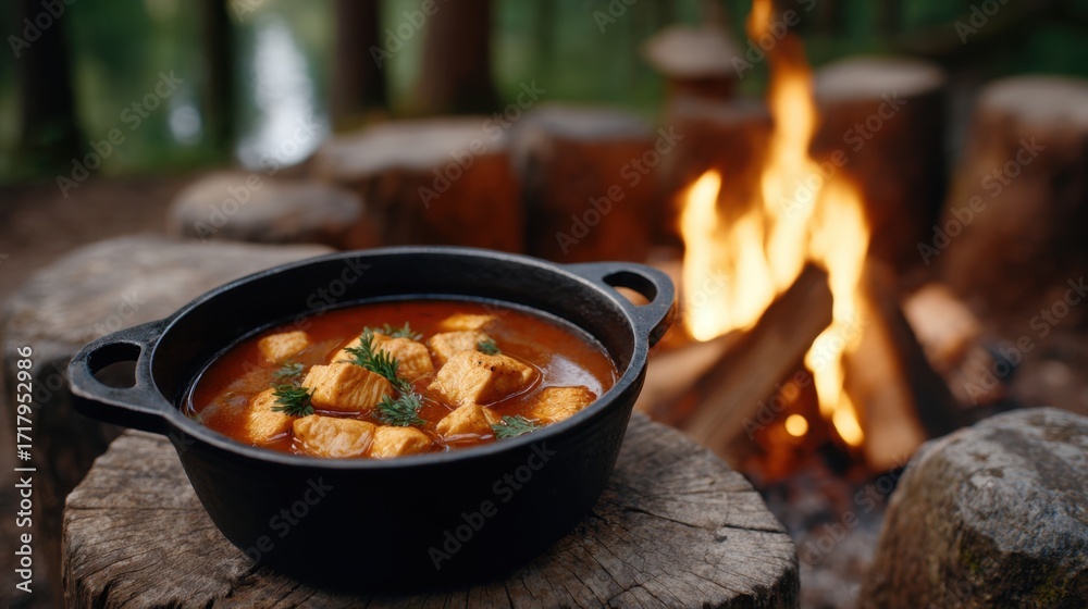 Fototapeta premium Cooking flavorful fish soup over a warm campfire in a serene forest setting during a cozy outdoor gathering with friends
