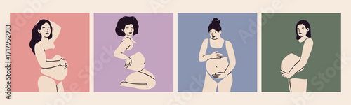 Pregnant women in various poses. Ladies in underwear holding their belly. Cute isolated characters. Hand drawn Vector illustration. Future mothers, pregnancy concept. Square cards