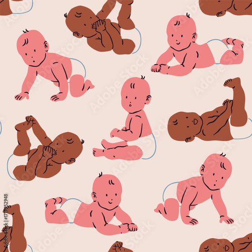 Little babies in different positions. Cute characters in diapers. Playing, sitting, lying, crawling baby. Happy newborn boy or girl. Hand drawn Vector illustration. Square seamless Pattern, wallpaper