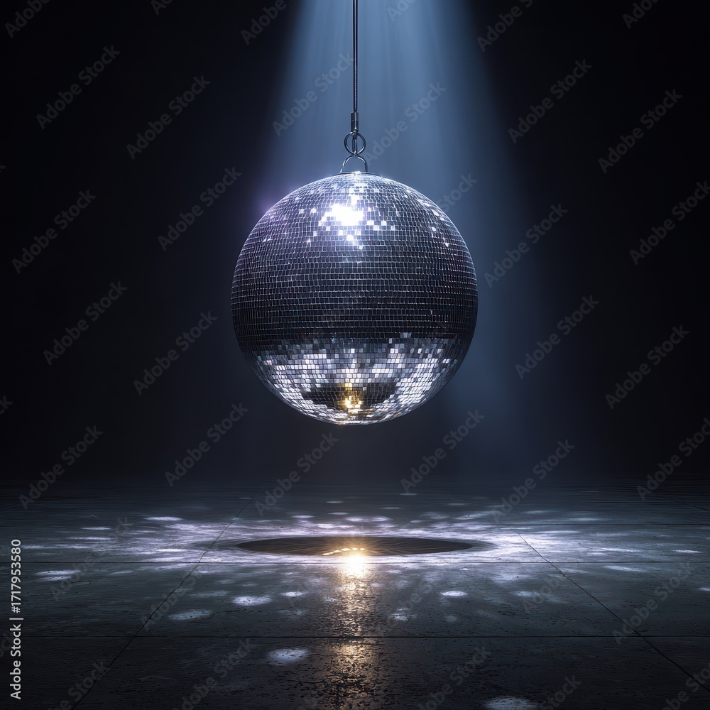 Obraz premium A solitary disco ball hanging under a dramatic spotlight in a dark room, casting reflections on the floor.