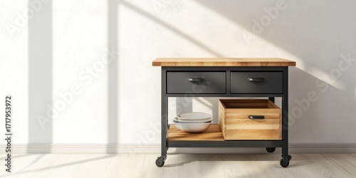 A dark gray rolling island sits against a white wall in a bright room. The island has a wooden countertop and two black drawers.