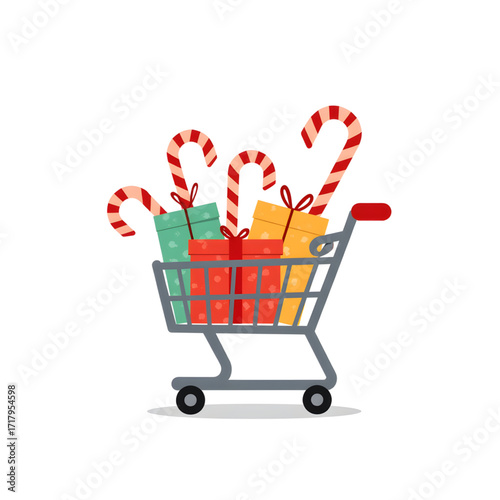 Festive shopping cart filled with Christmas gifts and candy canes, holiday cheer