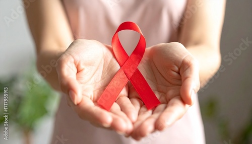 World AIDS Day : A person holds a red awareness ribbon in their hands, symbolizing support for a cause.