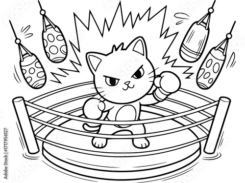 A black and white coloring page for kids and adults showing a muscular cat boxer standing confidently in a boxing ring. The cat is wearing boxing gloves and has an angry expression.