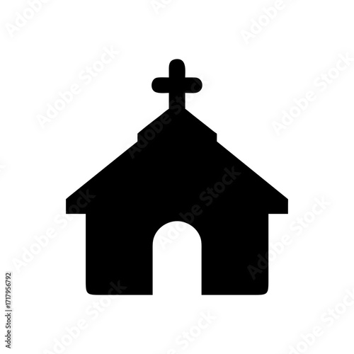 Silhouette chapel with small cross peaceful temple landmark vector icon with white background