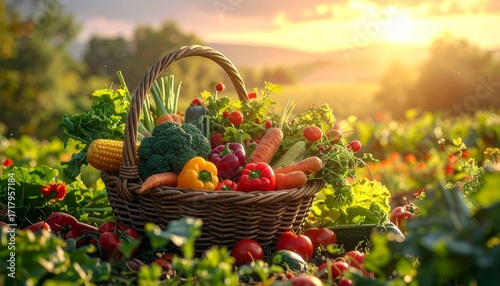 World Food Day : Wicker basket filled with fresh vegetables and fruits in a field at sunset, showcasing a bountiful harvest.