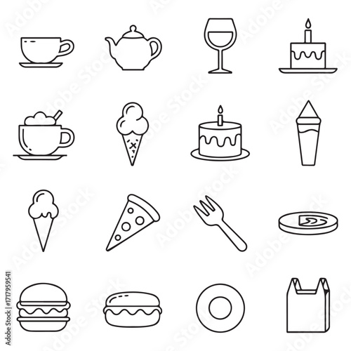Minimalist line art icon set of food and drinks essentials, including coffee cup, teapot, birthday cake, ice cream and more, clean vector outline, uniform thin stroke, modern design