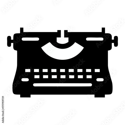 A black silhouette icon of a vintage manual typewriter on a white background.