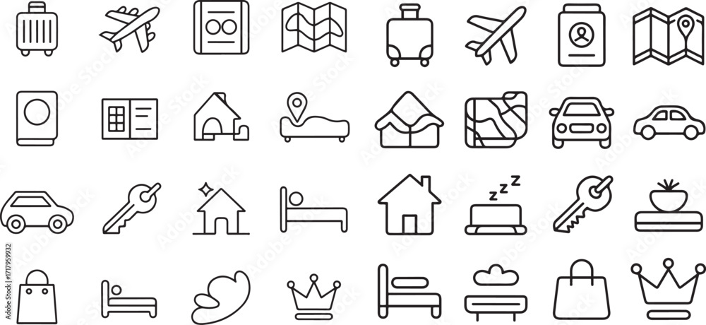 Fototapeta premium Minimalist line art icon set of lifestyle and miscellaneous essentials, including travel suitcase, airplane, passport, map and more, clean vector outline, uniform thin stroke, modern design