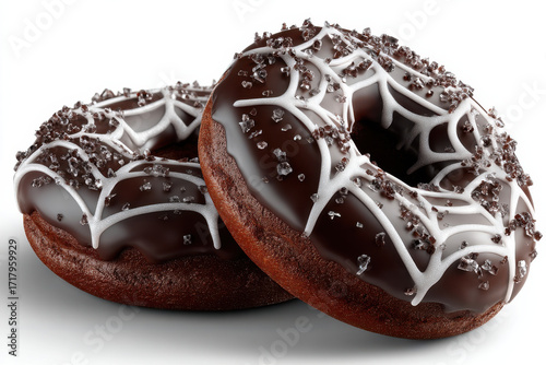 Chocolate donut spiderweb icing sugar crystal halloween dessert sweet glaze pastry bakery treat stir appetites with halloween joy