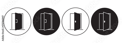 Door icons set. Open, close and ajar door. Doors collection. Opened entrance door set flat style.