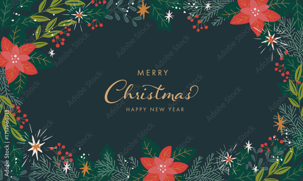 Φωτογραφία ヒイラギやポインセチアで装飾したクリスマスカード。フラットなデザイン。ベクター背景。