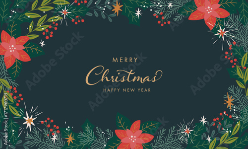 ヒイラギやポインセチアで装飾したクリスマスカード。フラットなデザイン。ベクター背景。