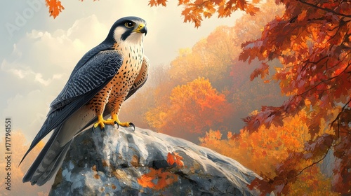 A Falcon perched on a rock, set against a vivid autumn background.