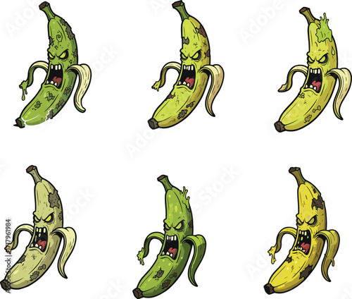 Angry banana cartoon set, aggressive fruit characters, funny monster expressions, ripe to rotten stages, vector illustration pack, humorous food design