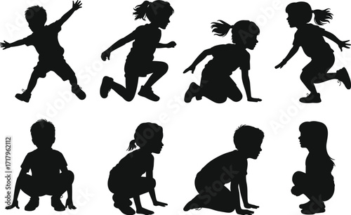 Children silhouette vector, crouching kids poses, dynamic child movement, squatting posture illustration, black silhouette art, child activity, white background design