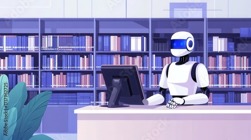 A friendly humanoid robot librarian efficiently organizing documents in a vast digital library, powered by AI technology.