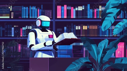 A friendly humanoid robot librarian efficiently organizing documents in a vast digital library, powered by AI technology.