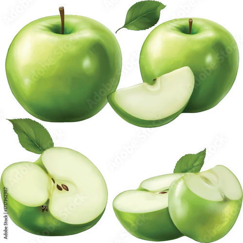 Four Green Apples and Slices with Leaves on White Background fruit whole apple