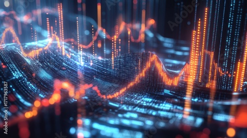 A futuristic 3D illustration showcasing the fusion of AI-driven innovation in healthcare data, with cyber big data flows and blockchain data fields intertwining dynamically.
