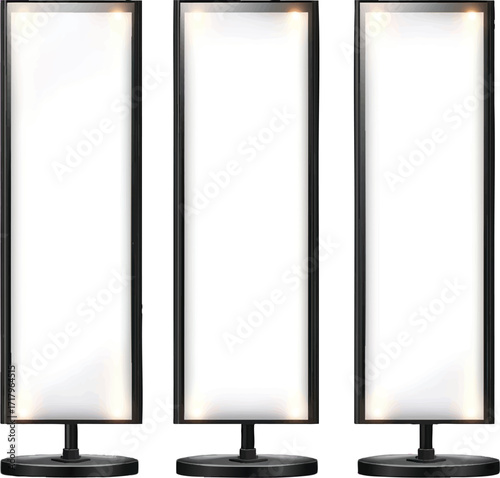 Three Illuminated Vertical Display Stands with Blank White Screens on White Background panel