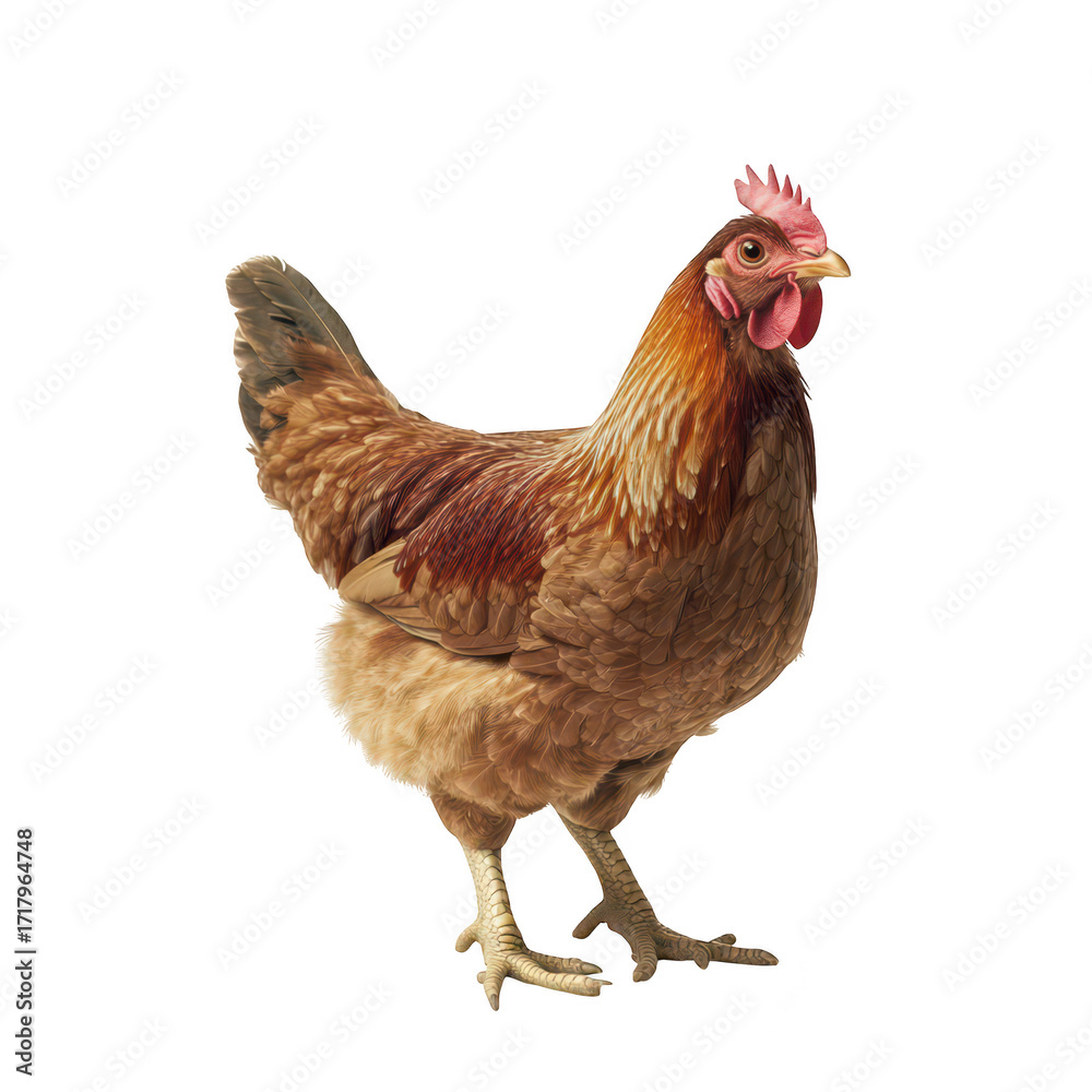 Fototapeta premium A brown hen stands proudly against a white background. its feathers and posture. symbolizing farm life and poultry farming. ideal for agricultural and culinary themes