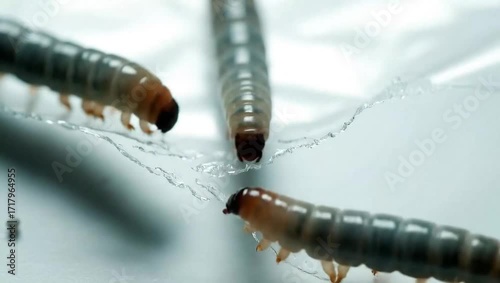 Waxworms actively consuming and biodegrading plastic film, close up