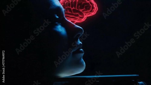 Woman profile with glowing red brain in dark background