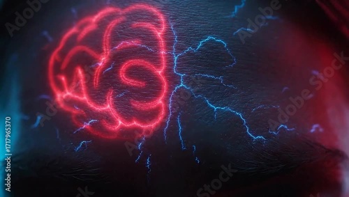 Glowing brain with electrical impulses representing thought and neural activity