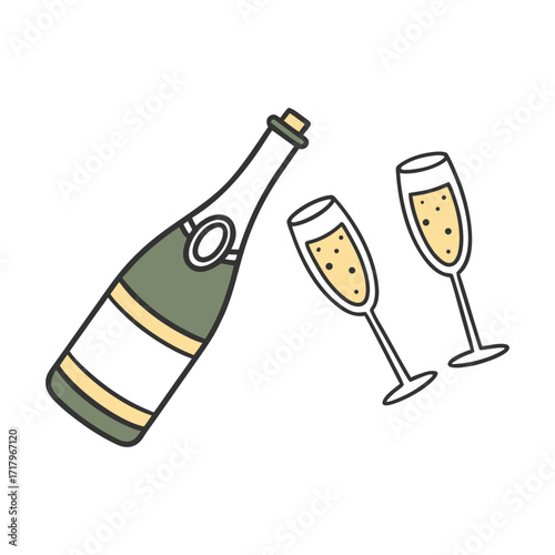 Champagne bottle with two glasses of sparkling wine celebration drink illustration on white background
