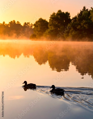 Wallpaper Mural Sunrise over a calm lake with ducks Torontodigital.ca