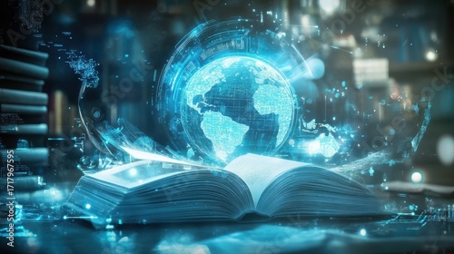 A futuristic scene depicting AI-powered education with a holographic open book and an interactive global map.