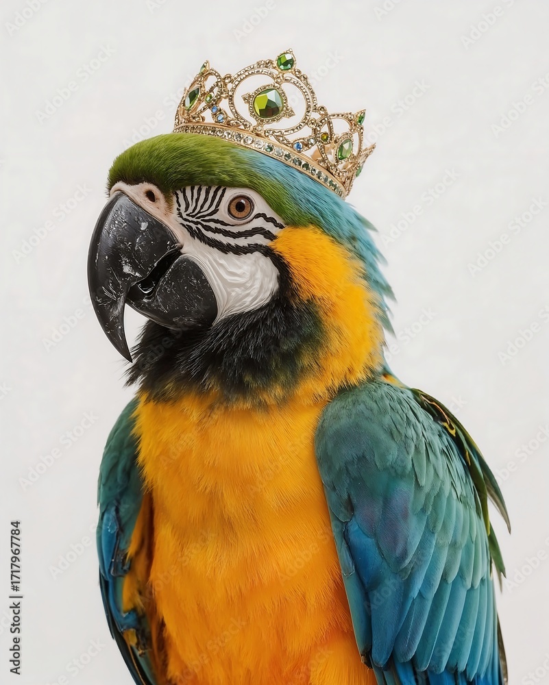 Fototapeta premium A vibrant macaw parrot wearing a golden crown, close-up portrait.