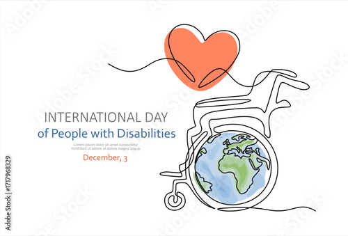 Continuous one line drawing of wheelchair with globe and heart. International Day of Persons with Disabilities December 3 design concept. Hand drawn one line vector. Editable stroke.
