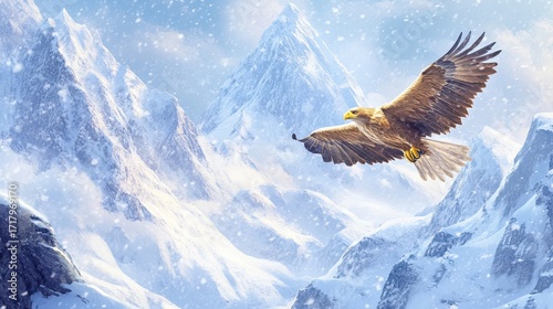 A golden eagle glides effortlessly through a breathtaking snowy mountain range, its rich golden feathers contrasting vividly with the pristine white snow and rugged peaks.