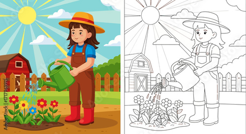 Farmer Girl Watering Flowers in the Garden