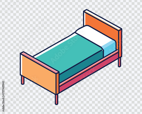 Colorful Isometric Cartoon Bed with Orange and Pink Frame