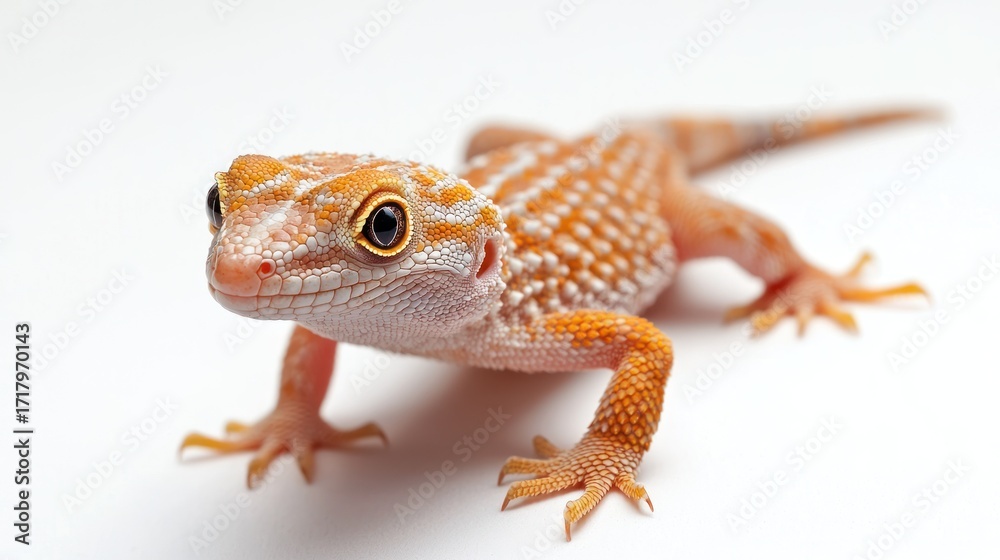 Naklejka premium A vibrant orange gecko with a white and orange pattern sits on a white surface. The gecko has a focused expression with large, bright yellow eyes. Its scales are textured and detailed