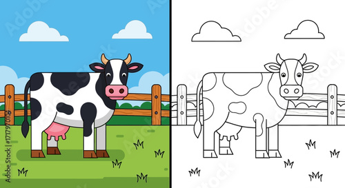 Cartoon farm cow illustration with a coloring book outline page