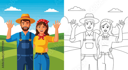 Cheerful Cartoon Farm Couple Waving - Vector Illustration with Coloring Page Outline