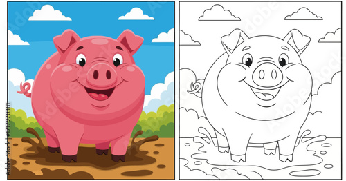 Happy Pig in Mud Coloring Page