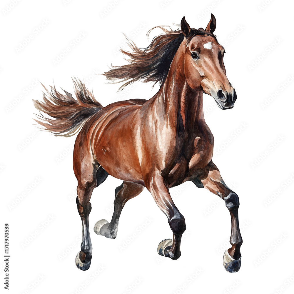 Obraz premium A majestic brown horse galloping energetically across a landscape. its strength and grace. with a blurred background hinting at a sunny day in a rural setting